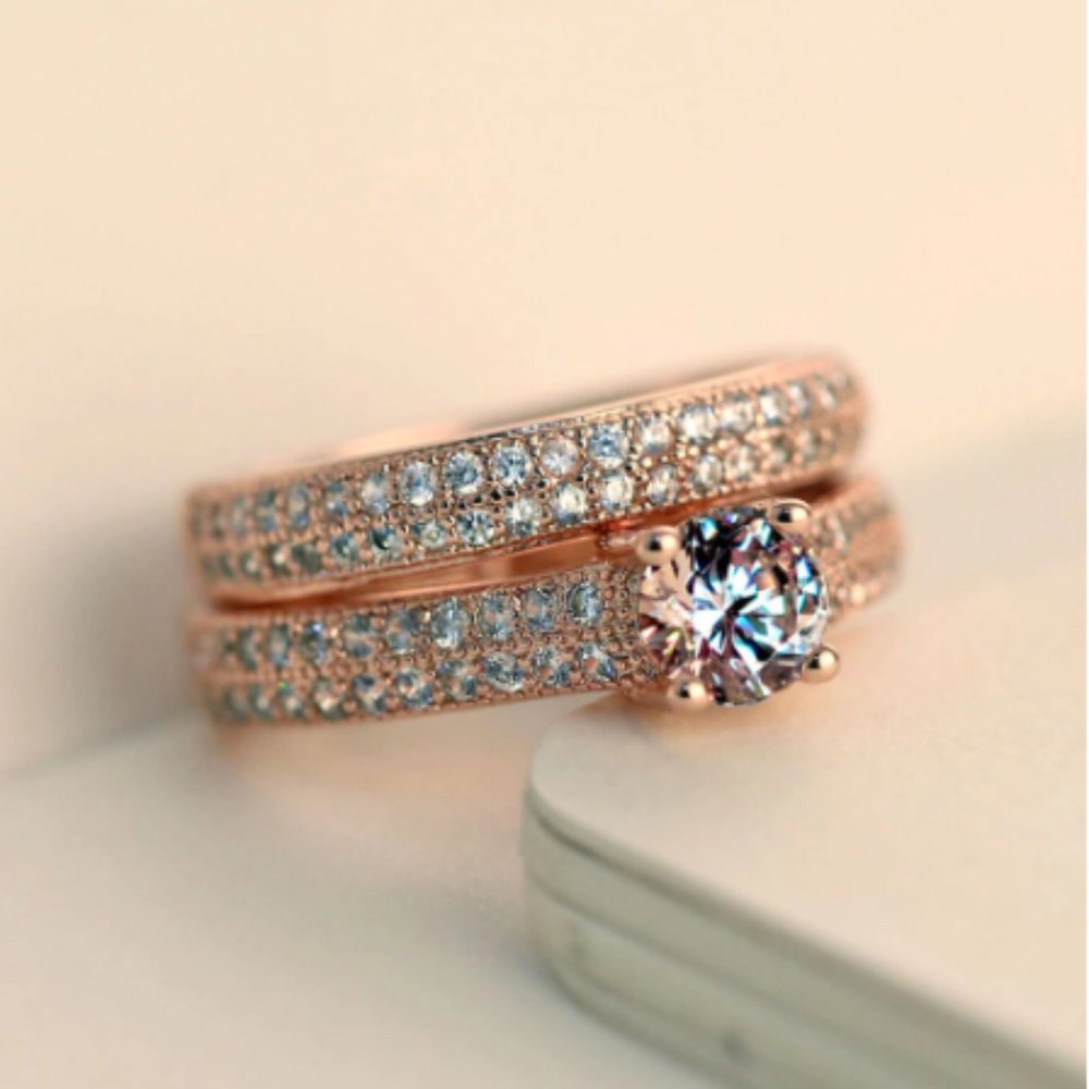 Rose Gold Simulated Diamond Wedding Band Set